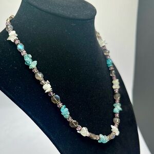 sterling silver natural mixed gemstone necklace bluegreen,clear and purple stone